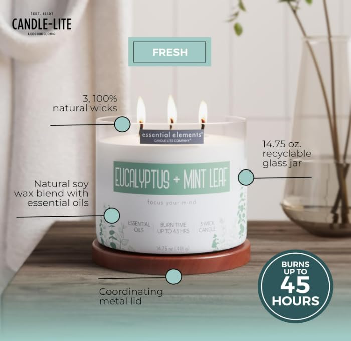 CANDLE-LITE Essential Elements by Candle-lite Scented Candles, Eucalyptus & Mint Leaf Fragrance, One 14.75 oz. Three-Wick Aromatherapy Candle with 45 Hours of Burn Time, Off-White Color - Image 2